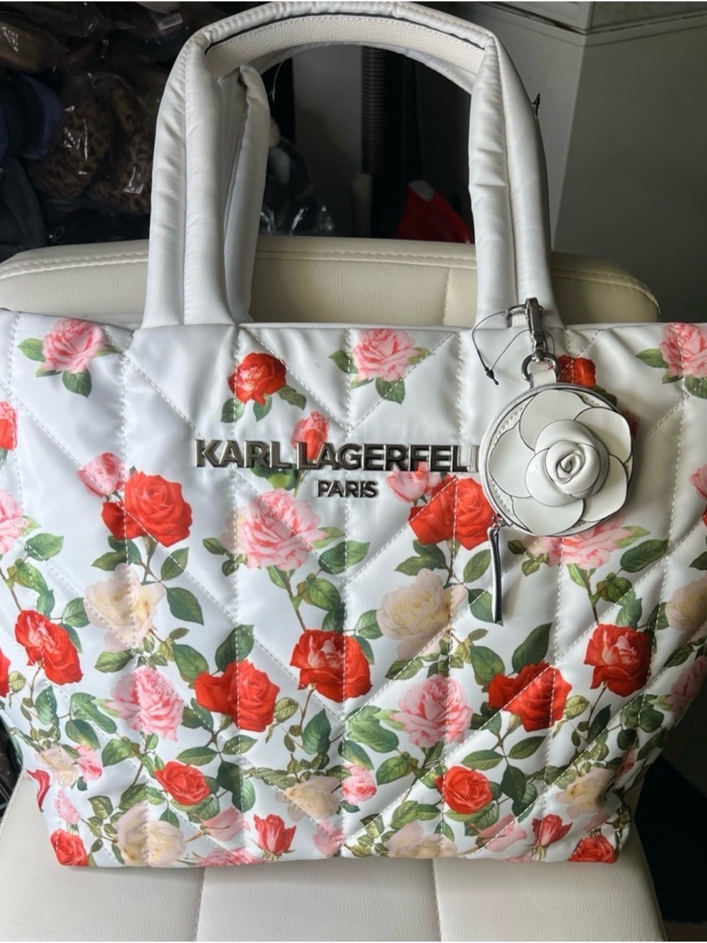 Karl Lagerfeld White Tote with Red, Pink & Cream Rose Print